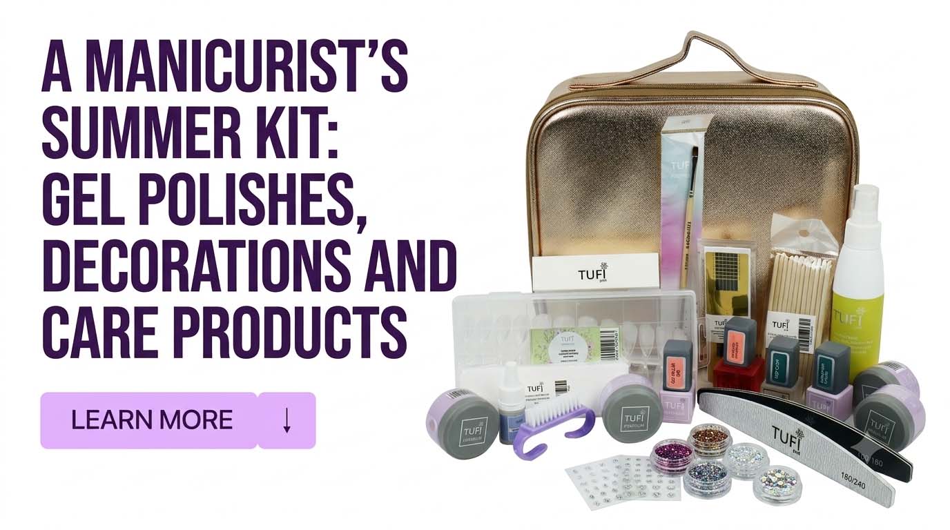 A manicurist’s summer kit: gel polishes, decorations and care products care productsЛетний набор мастера маникюра: гель-лаки, декор и уход