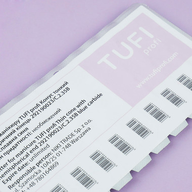 Фреза для маникюра TUFI profi Конус тонкий полусферический конец 292190023/C.2.35B твердосплавная синяя - Фото №4