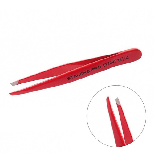 Пинцет для бровей Staleks Pro EXPERT 11 TYPE 4 (узкие скошенные кромки красный)