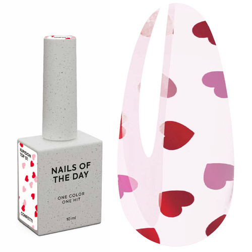 Топ NAILSOFTHEDAY Kupidon top 01 с красными и розовыми сердечками без липкого слоя 10 мл - Фото №1