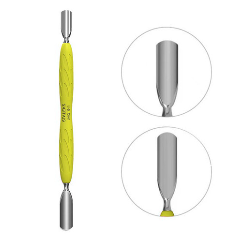 Manicure spatula Staleks Gummy with yellow silicone handle UNIQ 10 TYPE 1 (wide round pusher + narrow round pusher) - Фото №1