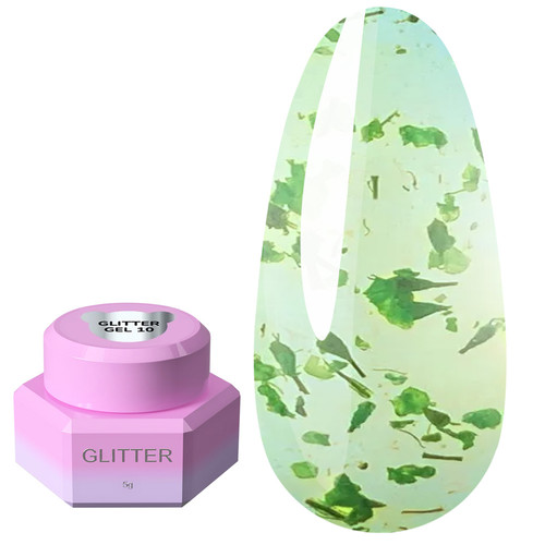Гель для дизайна YOUARECUTE Glitter Gel 10 с зелеными сухоцветами 5 мл (469-5116-1451) - Фото №1