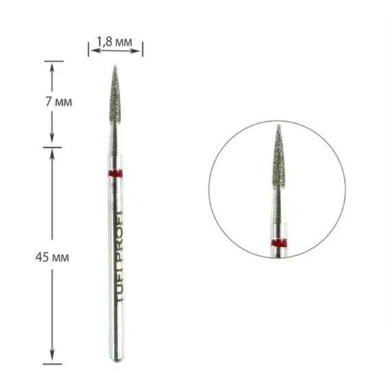 Фреза для маникюра TUFI profi PREMIUM алмазная цилиндр стрельчатый конец 862 249 018R 1,8 мм красная насечка - Фото №1