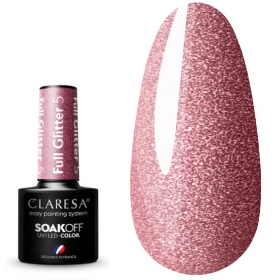 Лак гибридный для ногтей Claresa FULL GLITTER 5 с блеском, розовый, 5 г