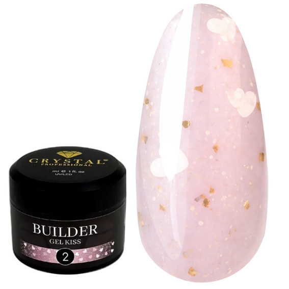Гель для наращивания Crystal Builder Gel KISS 2 розовый с светло-розовыми сердечками 15 мл - Фото №1