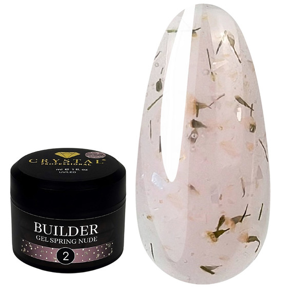 Гель для наращивания Crystal Builder Gel Spring Nude 2 светло-розовый с сухоцветами 15 мл - Фото №1