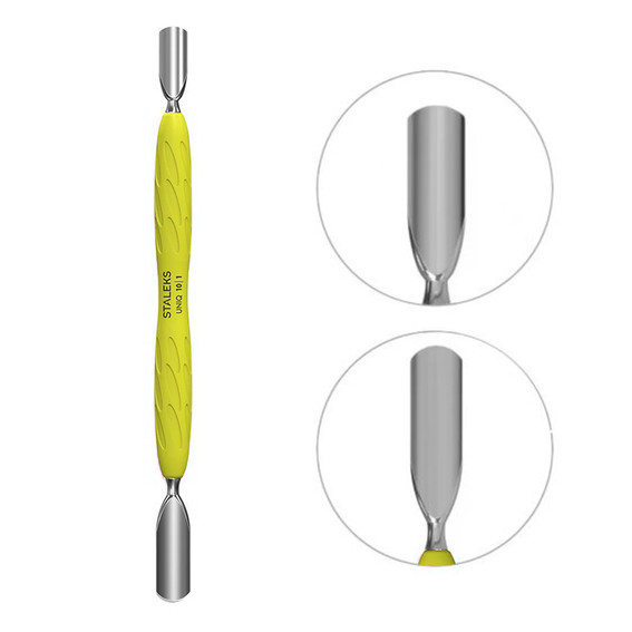 Manicure spatula Staleks Gummy with yellow silicone handle UNIQ 10 TYPE 1 (wide round pusher + narrow round pusher) - Фото №1